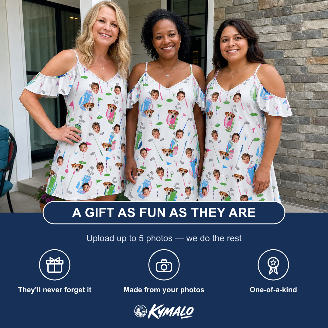 Friends in matching Women's Backspin Bonanza Custom Face Off-Shoulder Dress — a group gift photo