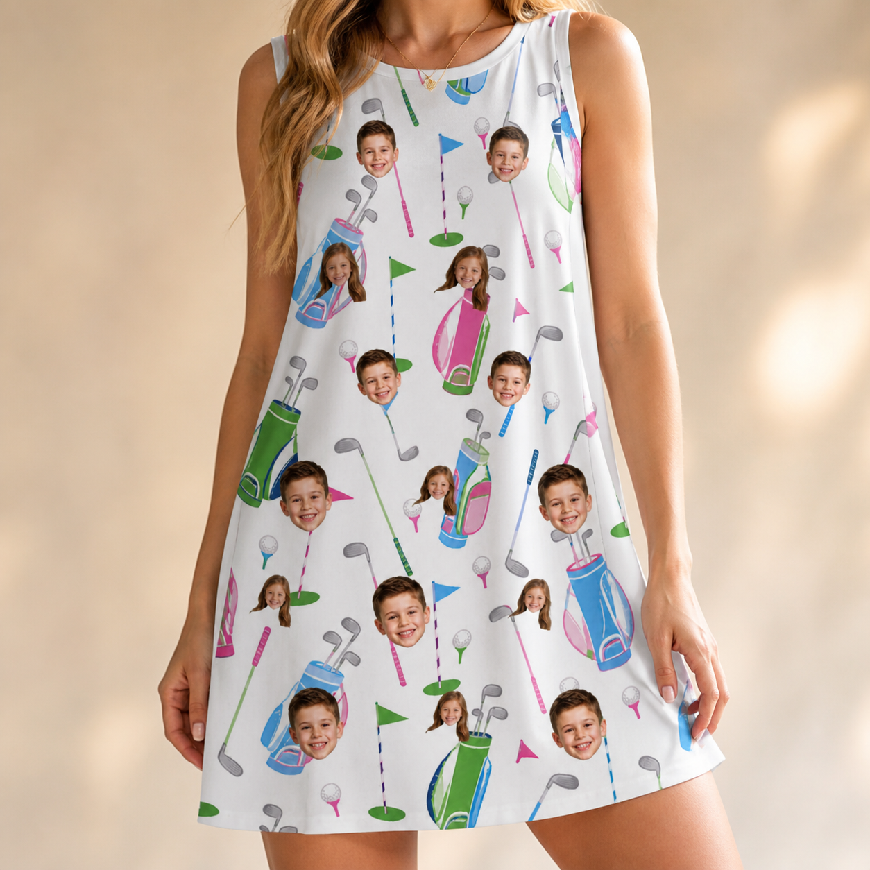 Model wearing Women's Backspin Bonanza Custom Face Tank Dress printed with kids' faces