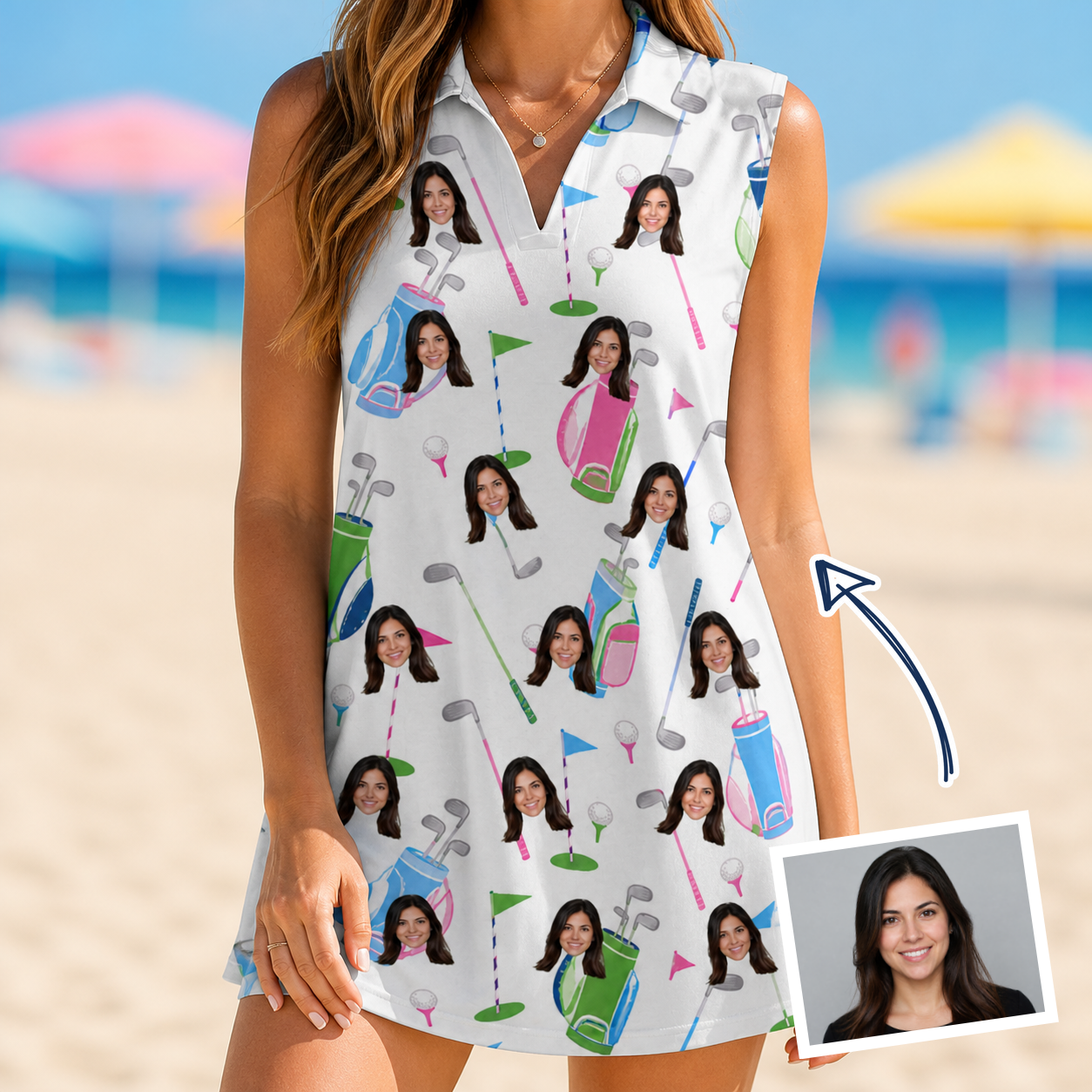 Woman wearing Women's Backspin Bonanza Custom Face V-Neck Dress — custom faces printed all-over