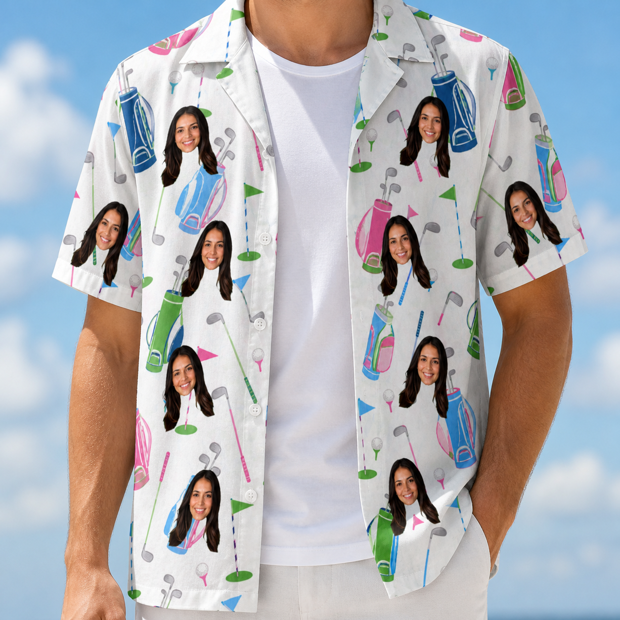 Man wearing Men's Backspin Bonanza Custom Face Hawaiian Shirt open over a white tee