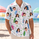 Model wearing Men's Backspin Bonanza Custom Face Hawaiian Shirt printed with kids' faces