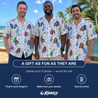 Friends in matching Men's Backspin Bonanza Custom Face Hawaiian Shirt — a group gift photo