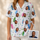 Woman wearing Women's Backspin Bonanza Custom Face Hawaiian Shirt — custom faces printed all-over