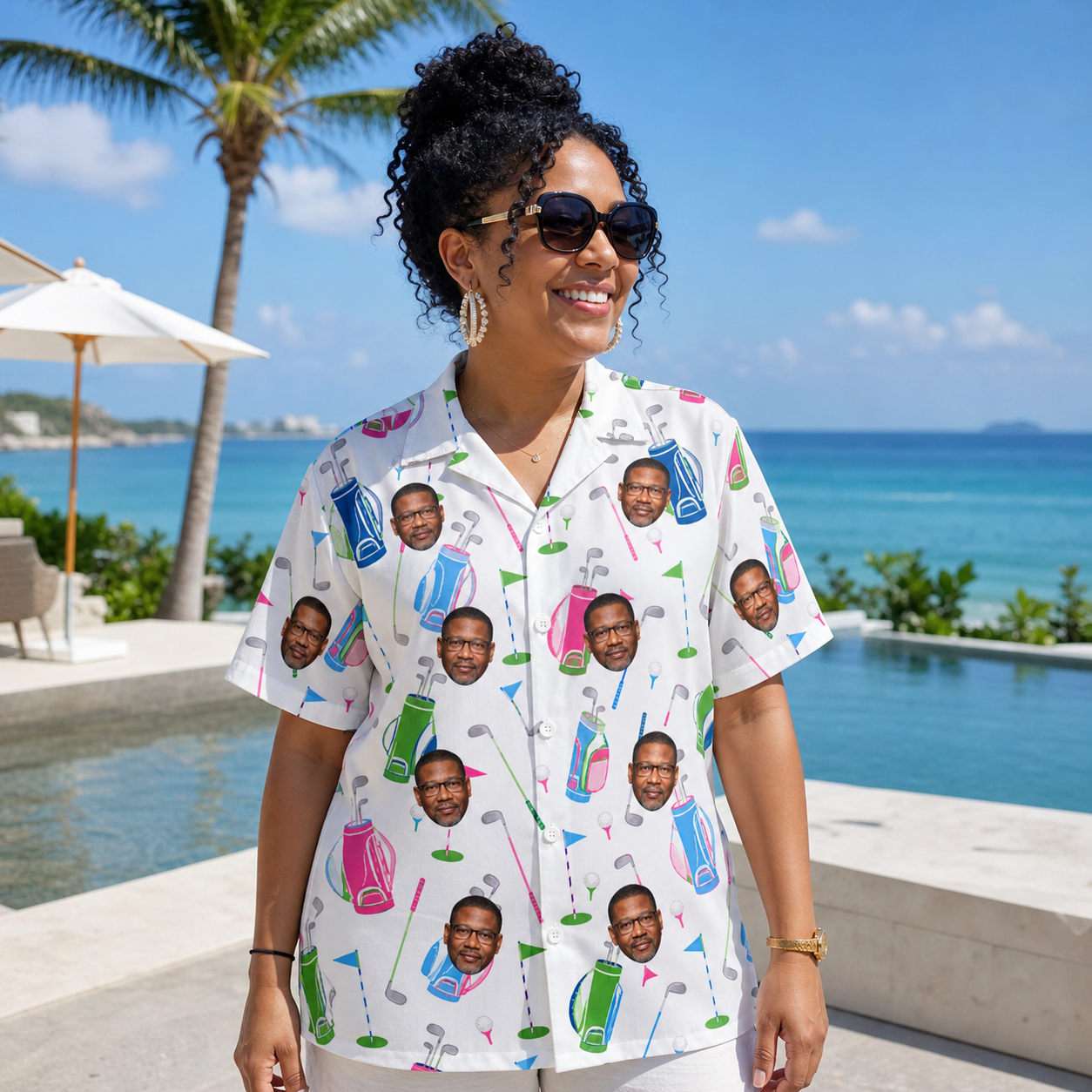 Real-life photo of someone wearing Women's Backspin Bonanza Custom Face Hawaiian Shirt — custom faces printed all-over
