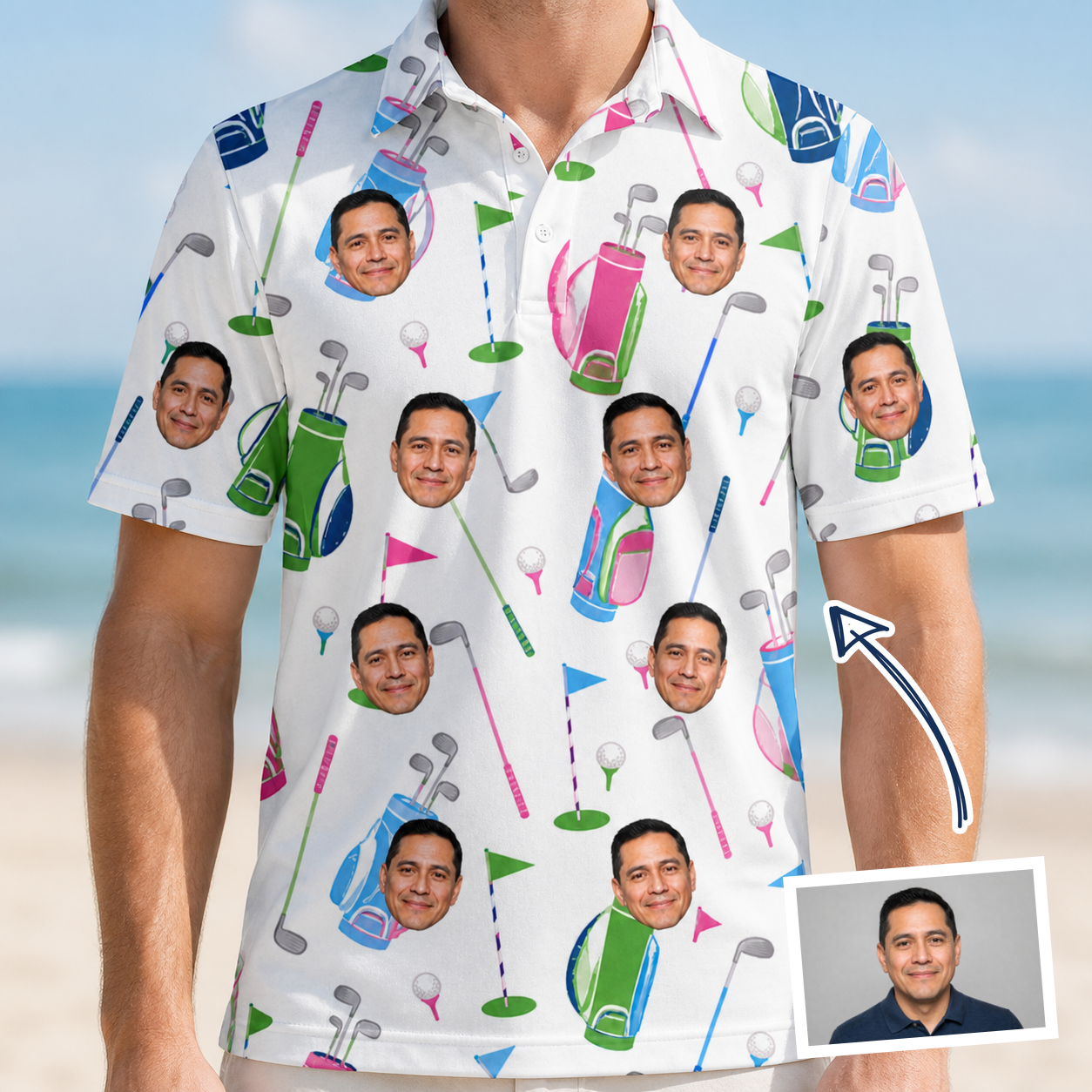 Man wearing Men's Backspin Bonanza Custom Face Polo Shirt — custom faces printed all-over