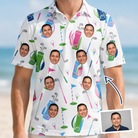 Man wearing Men's Backspin Bonanza Custom Face Polo Shirt — custom faces printed all-over