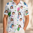 Model wearing Men's Backspin Bonanza Custom Face Polo Shirt printed with kids' faces
