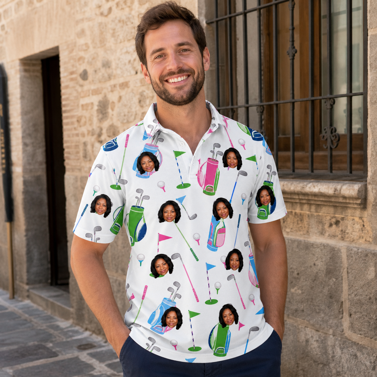 Real-life photo of someone wearing Men's Backspin Bonanza Custom Face Polo Shirt — custom faces printed all-over