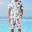 Model wearing Men's Backspin Bonanza Custom Face Shirt & Shorts Set printed with kids' faces