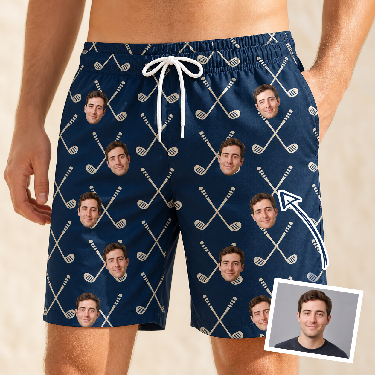 Man wearing Men's Swing Crossroads Custom Face Beach Shorts — custom faces printed all-over