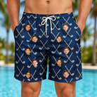 Model wearing Men's Swing Crossroads Custom Face Beach Shorts printed with kids' faces