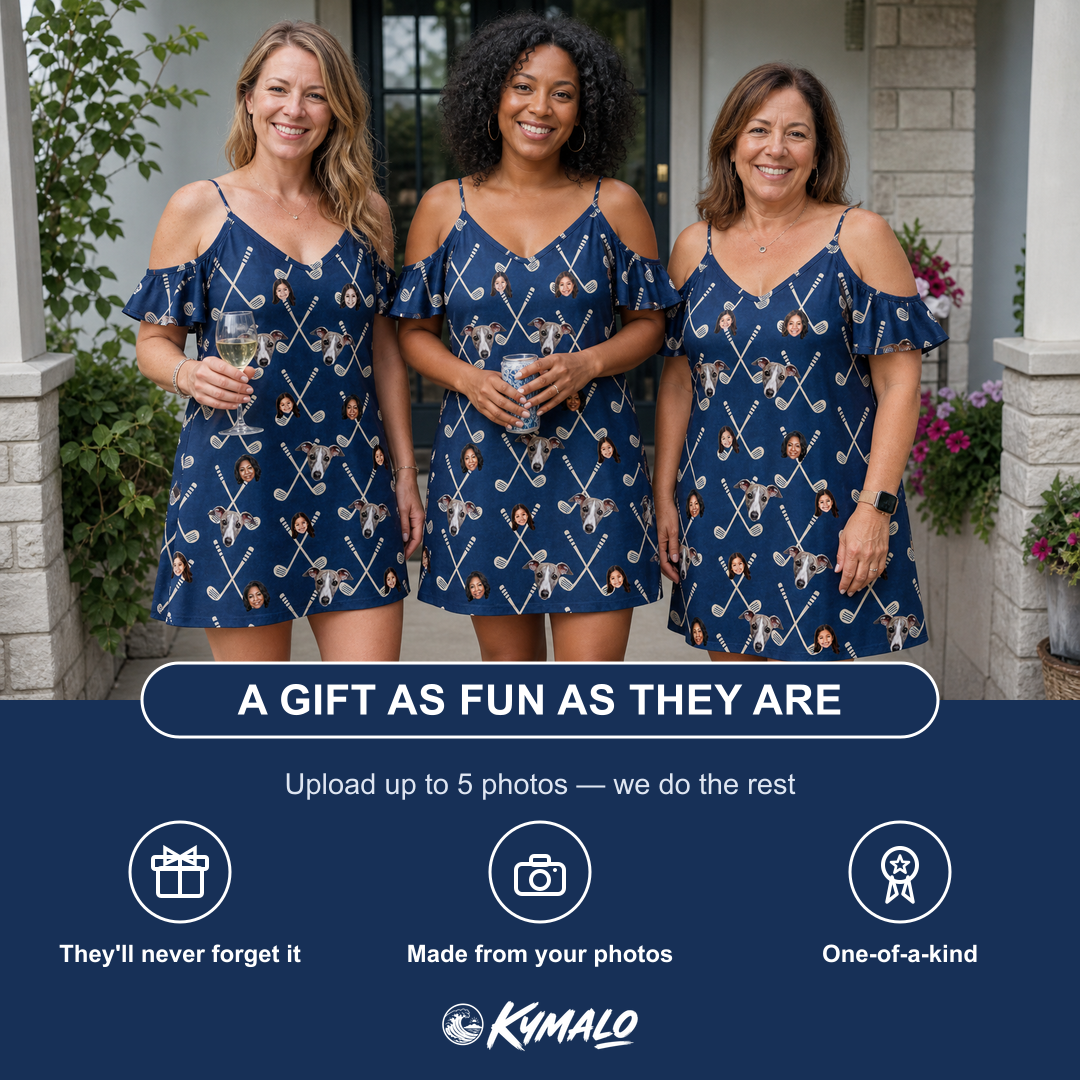 Friends in matching Women's Swing Crossroads Custom Face Off-Shoulder Dress — a group gift photo