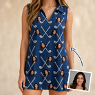 Woman wearing Women's Swing Crossroads Custom Face V-Neck Dress — custom faces printed all-over