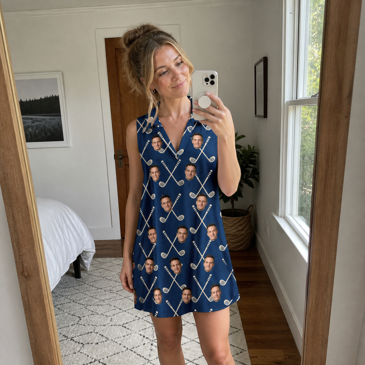Real-life photo of someone wearing Women's Swing Crossroads Custom Face V-Neck Dress — custom faces printed all-over