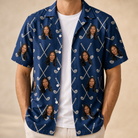Man wearing Men's Swing Crossroads Custom Face Hawaiian Shirt open over a white tee