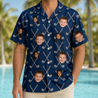 Model wearing Men's Swing Crossroads Custom Face Hawaiian Shirt printed with kids' faces