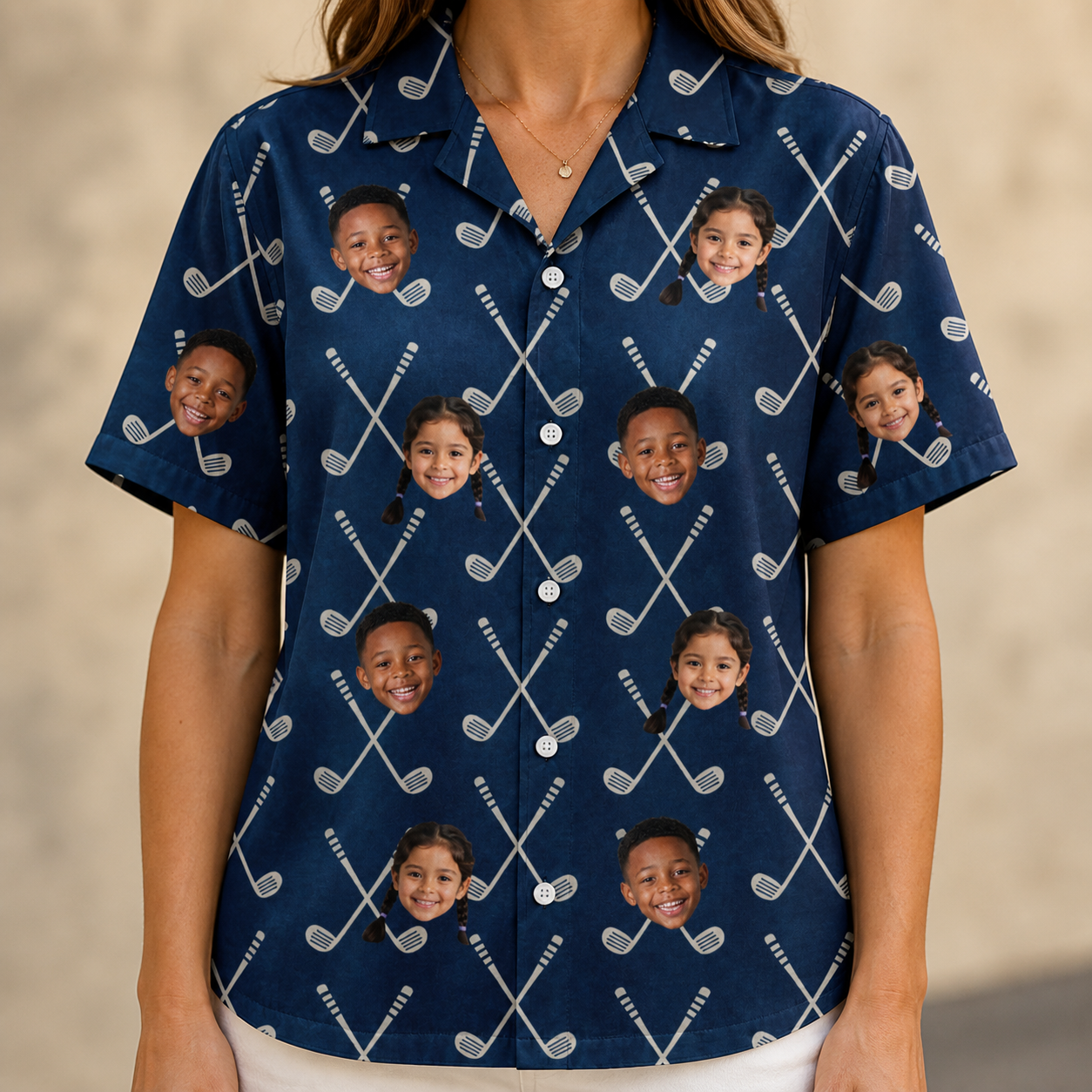 Model wearing Women's Swing Crossroads Custom Face Hawaiian Shirt printed with kids' faces