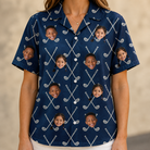 Model wearing Women's Swing Crossroads Custom Face Hawaiian Shirt printed with kids' faces
