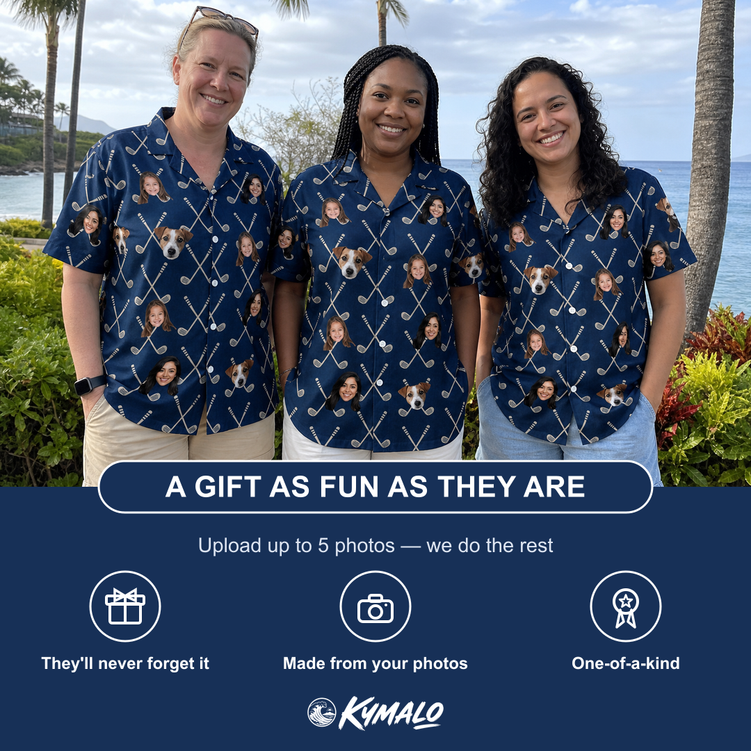 Friends in matching Women's Swing Crossroads Custom Face Hawaiian Shirt — a group gift photo