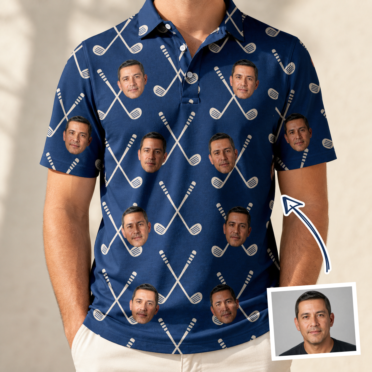 Man wearing Men's Swing Crossroads Custom Face Polo Shirt — custom faces printed all-over