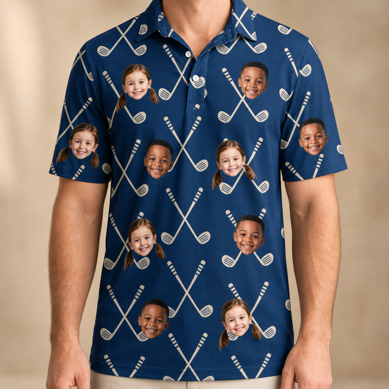 Model wearing Men's Swing Crossroads Custom Face Polo Shirt printed with kids' faces
