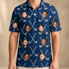 Model wearing Men's Swing Crossroads Custom Face Polo Shirt printed with kids' faces