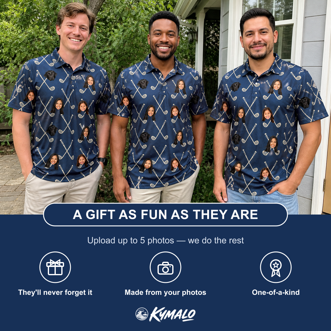 Friends in matching Men's Swing Crossroads Custom Face Polo Shirt — a group gift photo