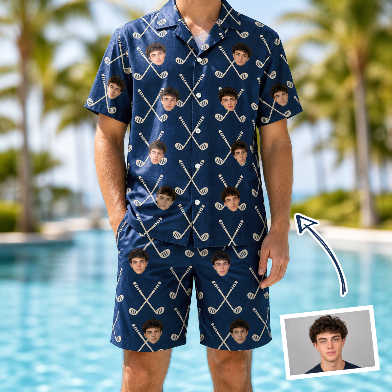 Man wearing Men's Swing Crossroads Custom Face Shirt & Shorts Set — custom faces printed all-over