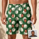 Man wearing Men's Birdie Bouncers Custom Face Beach Shorts — custom faces printed all-over