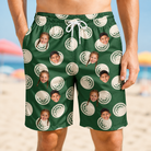 Model wearing Men's Birdie Bouncers Custom Face Beach Shorts printed with kids' faces