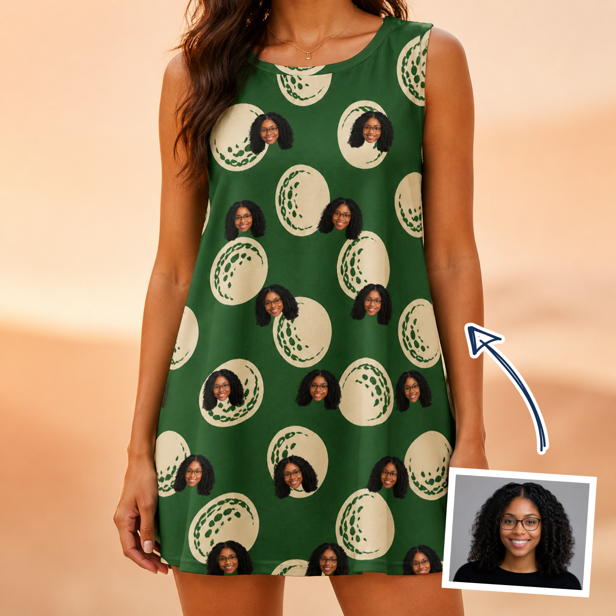 Woman wearing Women's Birdie Bouncers Custom Face Tank Dress — custom faces printed all-over
