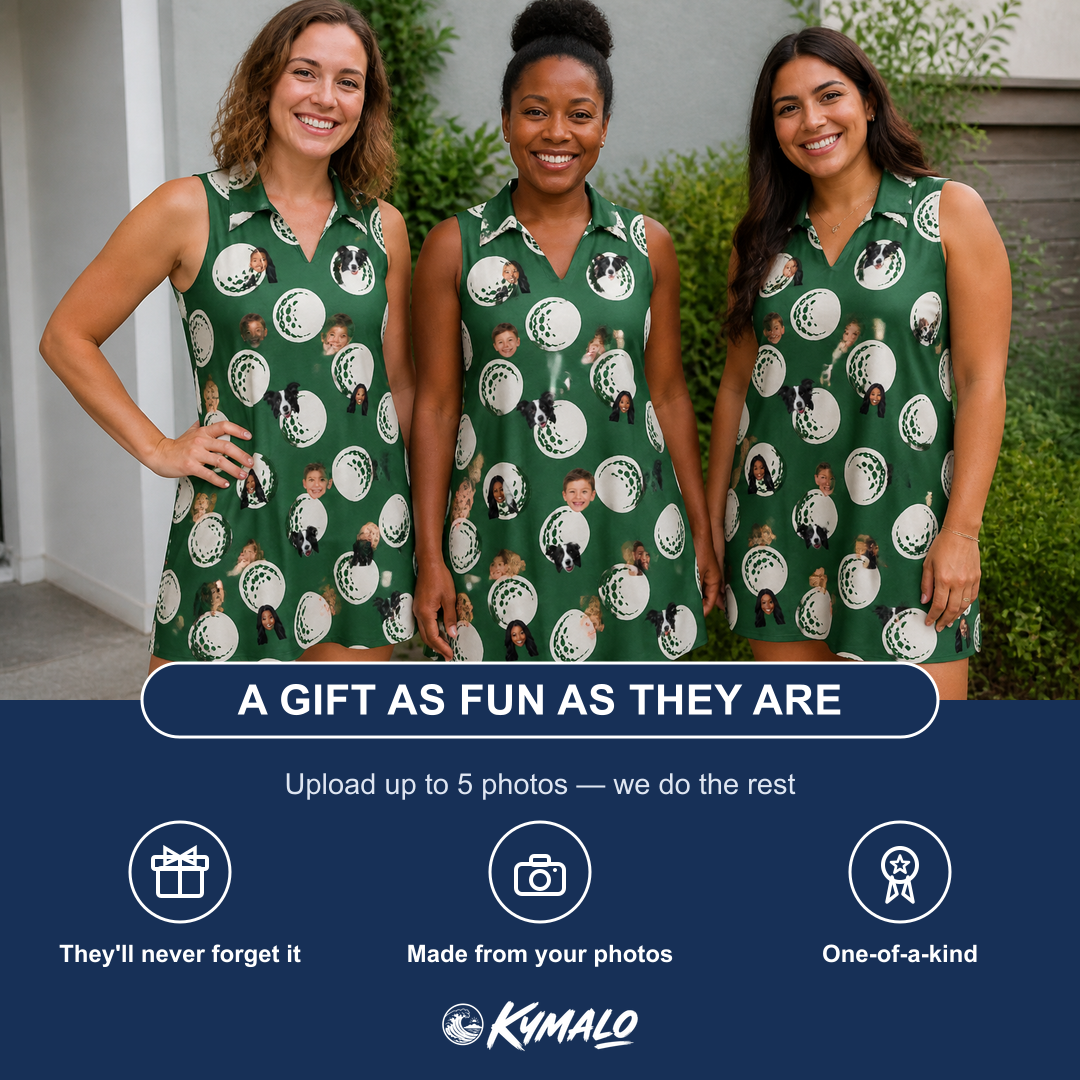 Friends in matching Women's Birdie Bouncers Custom Face V-Neck Dress — a group gift photo