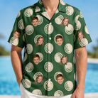 Model wearing Men's Birdie Bouncers Custom Face Hawaiian Shirt printed with kids' faces