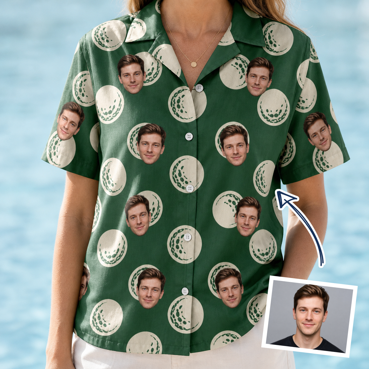 Woman wearing Women's Birdie Bouncers Custom Face Hawaiian Shirt — custom faces printed all-over