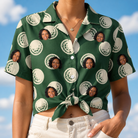 Woman wearing Women's Birdie Bouncers Custom Face Hawaiian Shirt tied at the waist