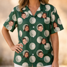 Model wearing Women's Birdie Bouncers Custom Face Hawaiian Shirt printed with kids' faces