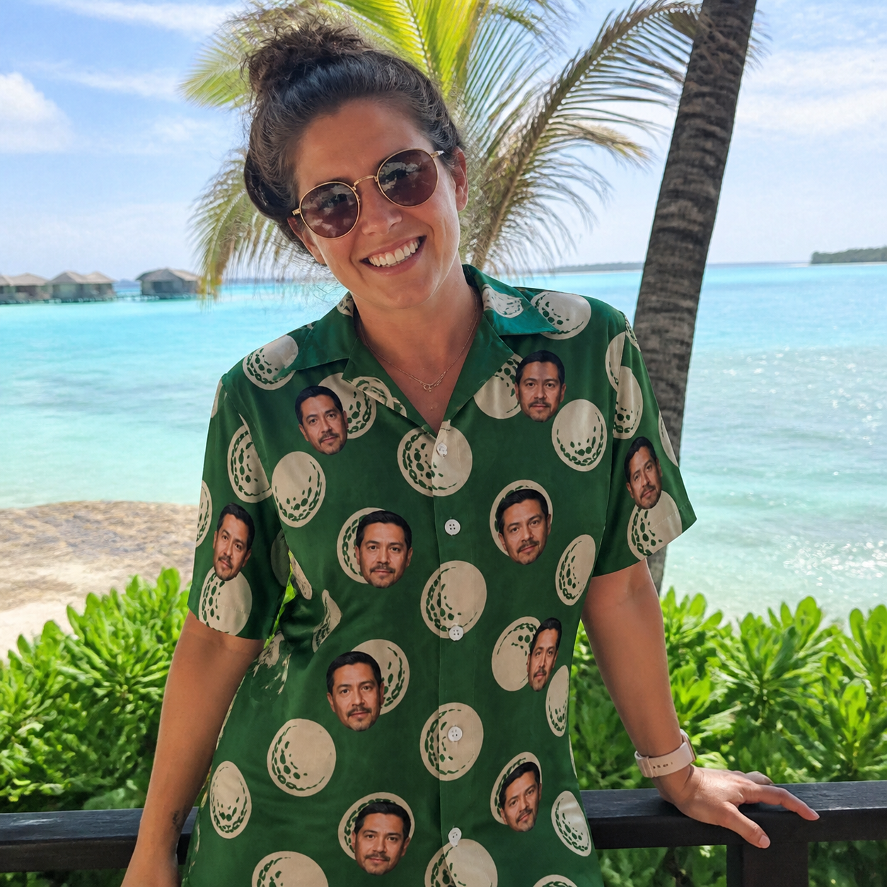 Real-life photo of someone wearing Women's Birdie Bouncers Custom Face Hawaiian Shirt — custom faces printed all-over