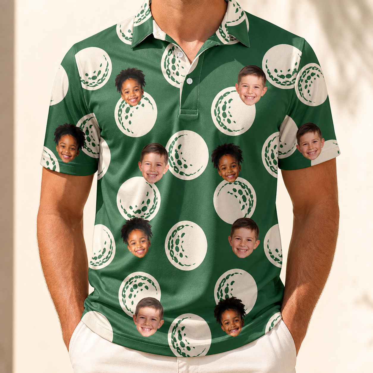 Model wearing Men's Birdie Bouncers Custom Face Polo Shirt printed with kids' faces