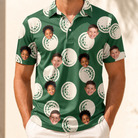 Model wearing Men's Birdie Bouncers Custom Face Polo Shirt printed with kids' faces