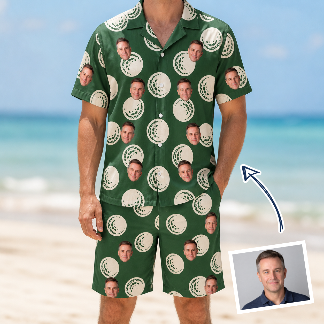 Man wearing Men's Birdie Bouncers Custom Face Shirt & Shorts Set — custom faces printed all-over
