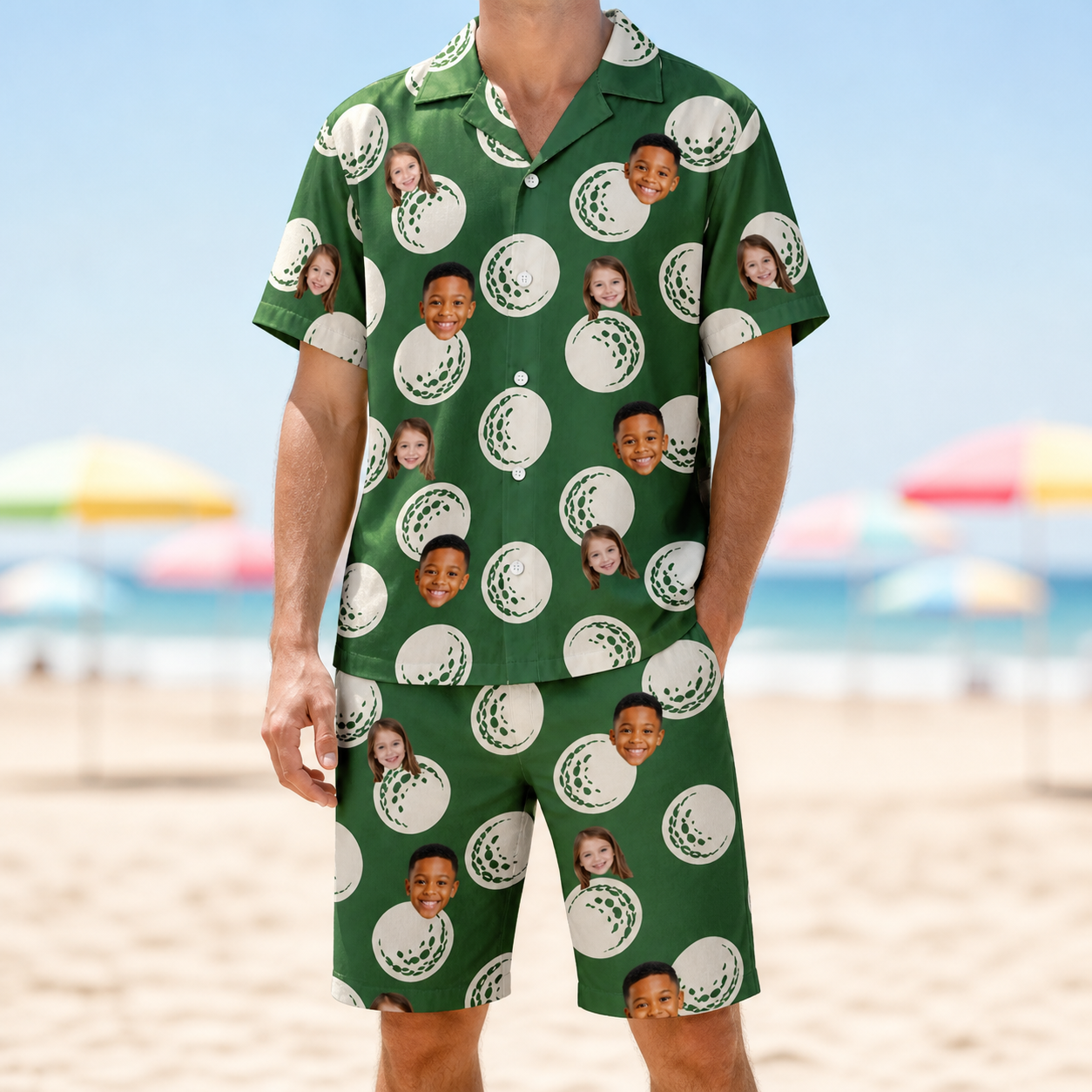 Model wearing Men's Birdie Bouncers Custom Face Shirt & Shorts Set printed with kids' faces