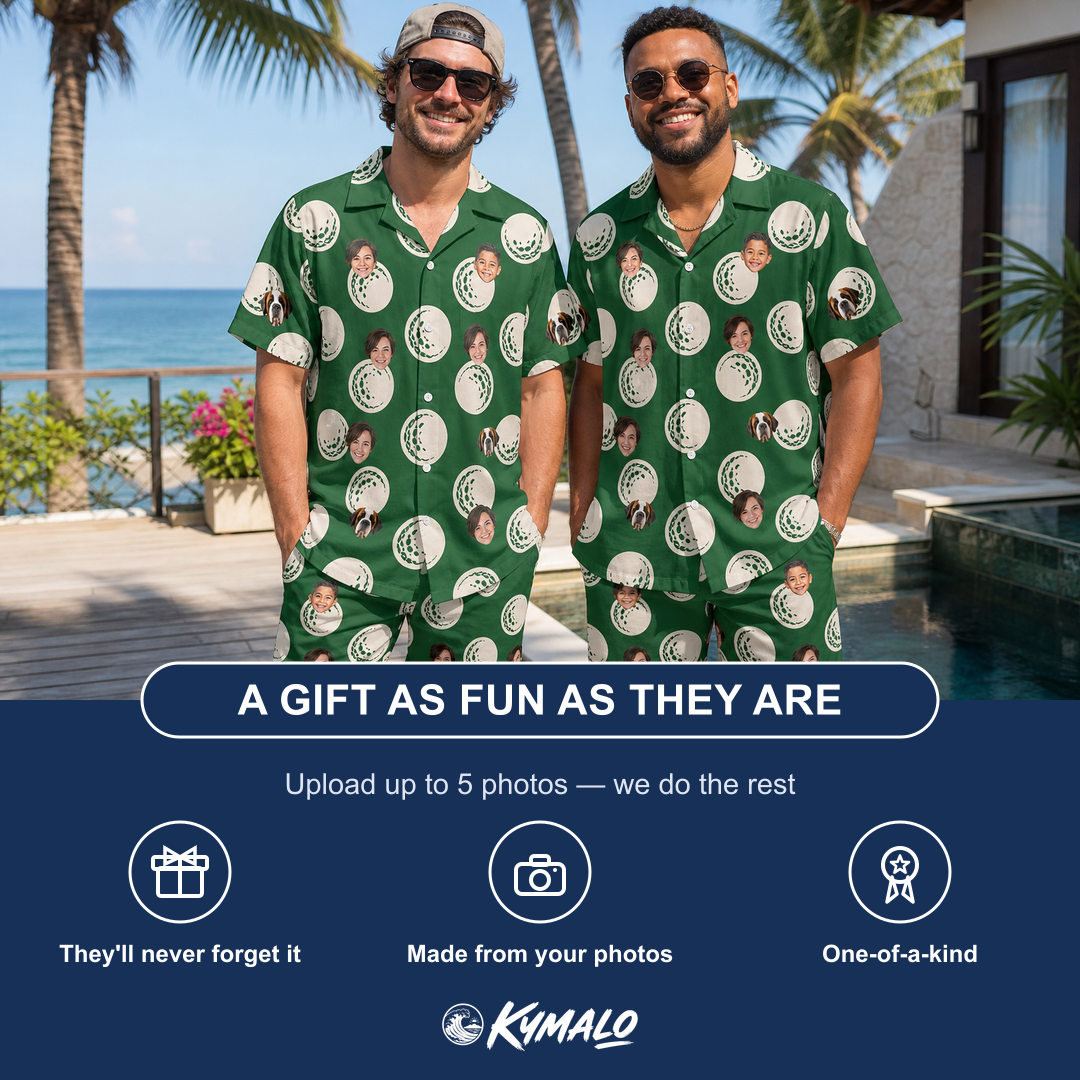 Friends in matching Men's Birdie Bouncers Custom Face Shirt & Shorts Set — a group gift photo