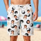 Model wearing Men's Dimple Dash Custom Face Beach Shorts printed with kids' faces