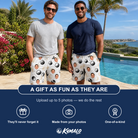 Friends in matching Men's Dimple Dash Custom Face Beach Shorts — a group gift photo