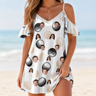 Model wearing Women's Dimple Dash Custom Face Off-Shoulder Dress printed with kids' faces