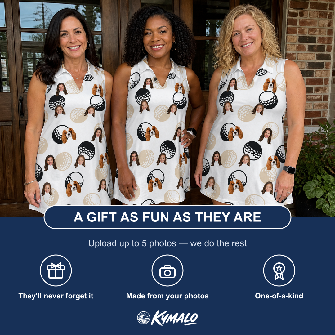 Friends in matching Women's Dimple Dash Custom Face V-Neck Dress — a group gift photo