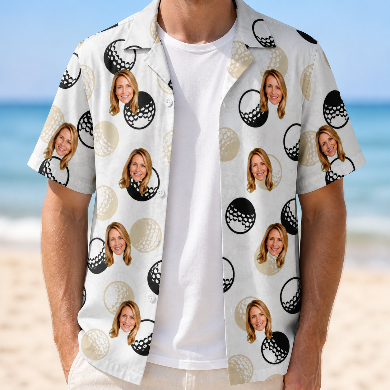 Man wearing Men's Dimple Dash Custom Face Hawaiian Shirt open over a white tee