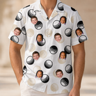 Model wearing Men's Dimple Dash Custom Face Hawaiian Shirt printed with kids' faces
