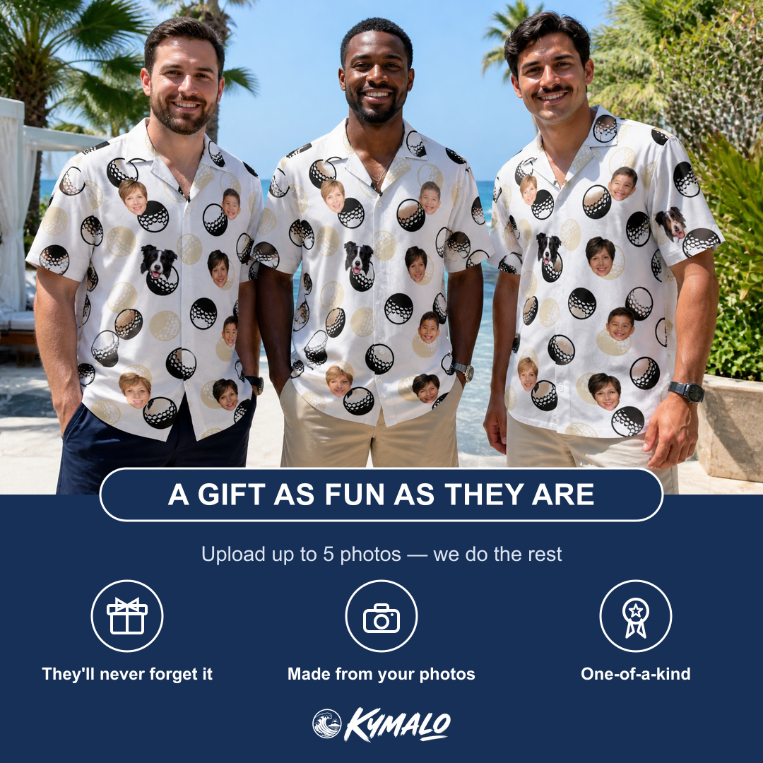 Friends in matching Men's Dimple Dash Custom Face Hawaiian Shirt — a group gift photo