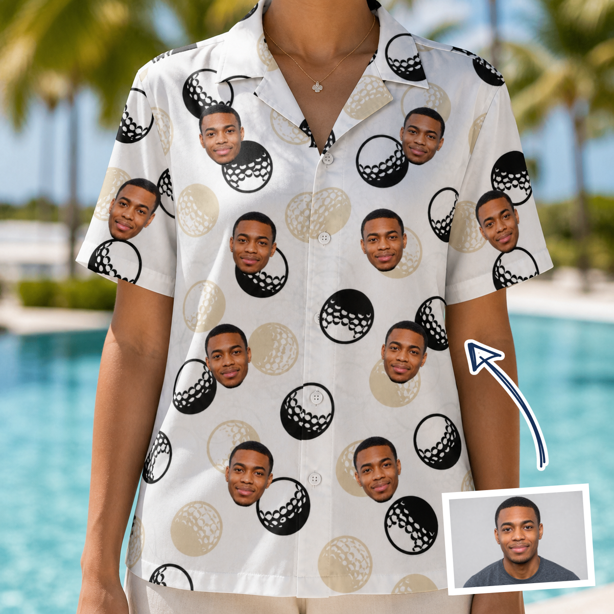 Woman wearing Women's Dimple Dash Custom Face Hawaiian Shirt — custom faces printed all-over